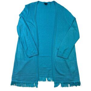 Talbots Turquoise Fringe Trim Open Cardigan Sweater Size XL